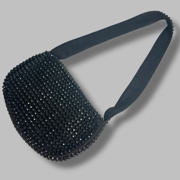 Vintage 60s Roger Van S Black Beaded Shoulder Bag Evening Purse Chunky Zipper - Picture 3 of 10